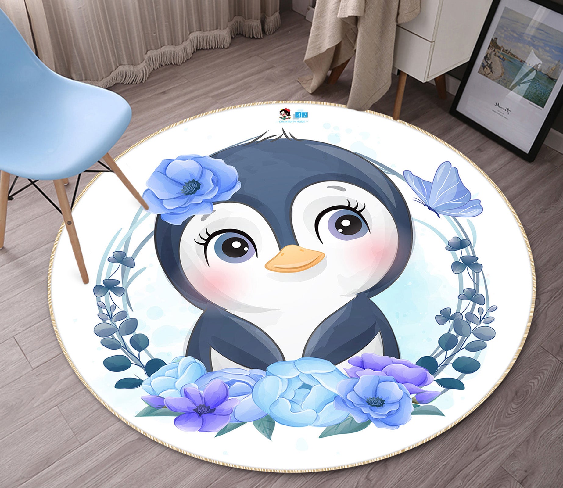 3D Cartoon Penguin 74232 Round Non Slip Rug Mat
