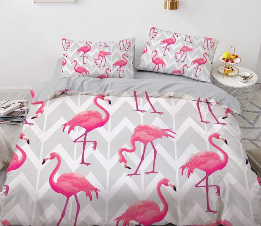 3D Flamingo On Grey 8184 Bed Pillowcases Quilt