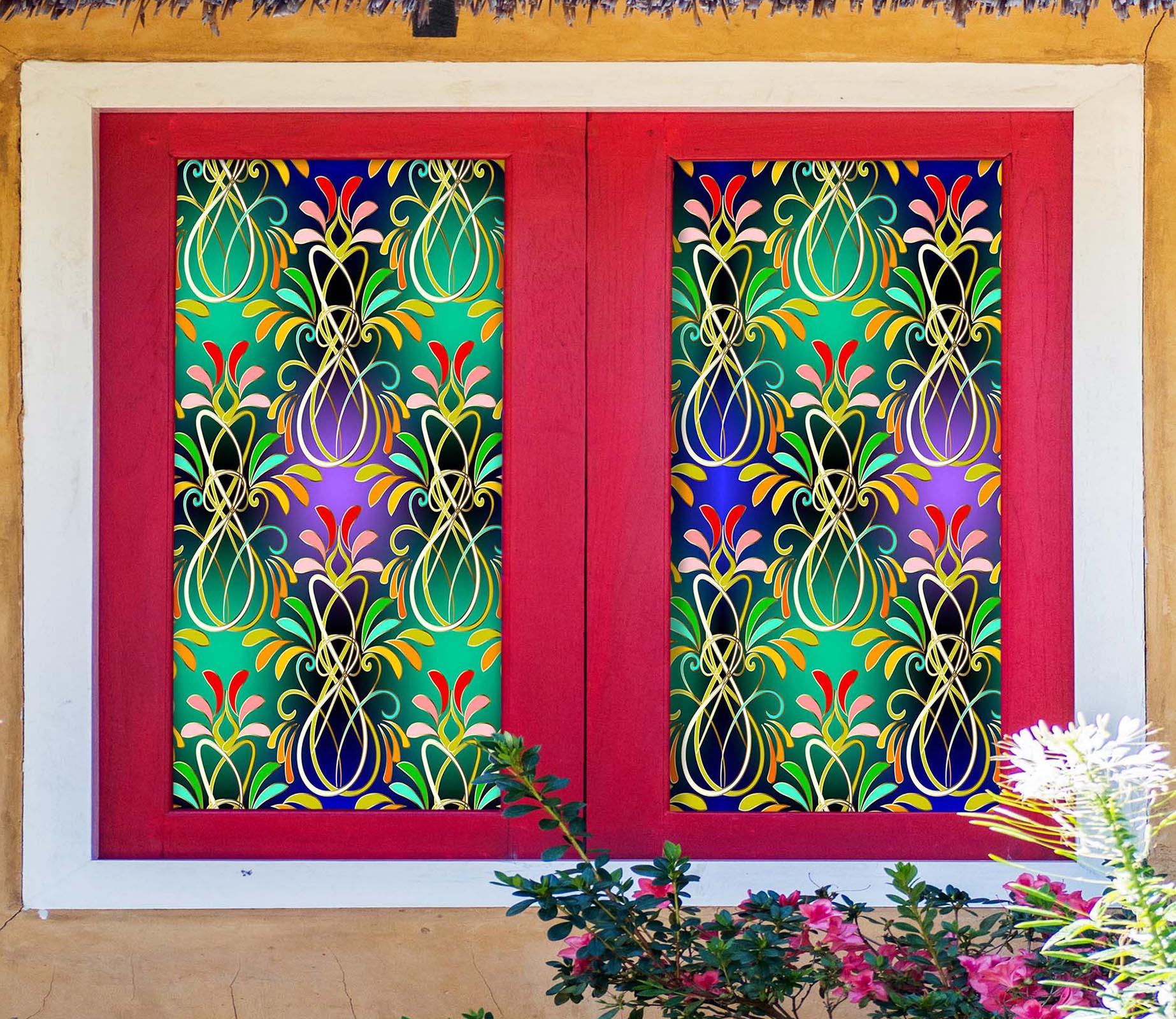 3D Green Flower Pattern 439 Window Film Print Sticker Cling Stained Glass UV Block