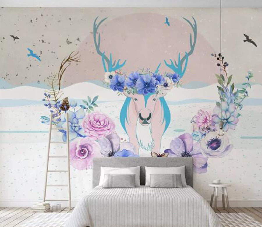 3D Pink Deer Flower WC893 Wall Murals