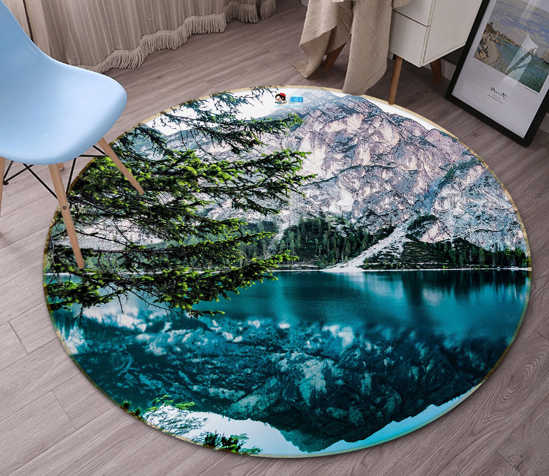 3D Mountain Lake 71291 Round Non Slip Rug Mat