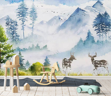 3D Snow Mountain Deer WC463 Wall Murals