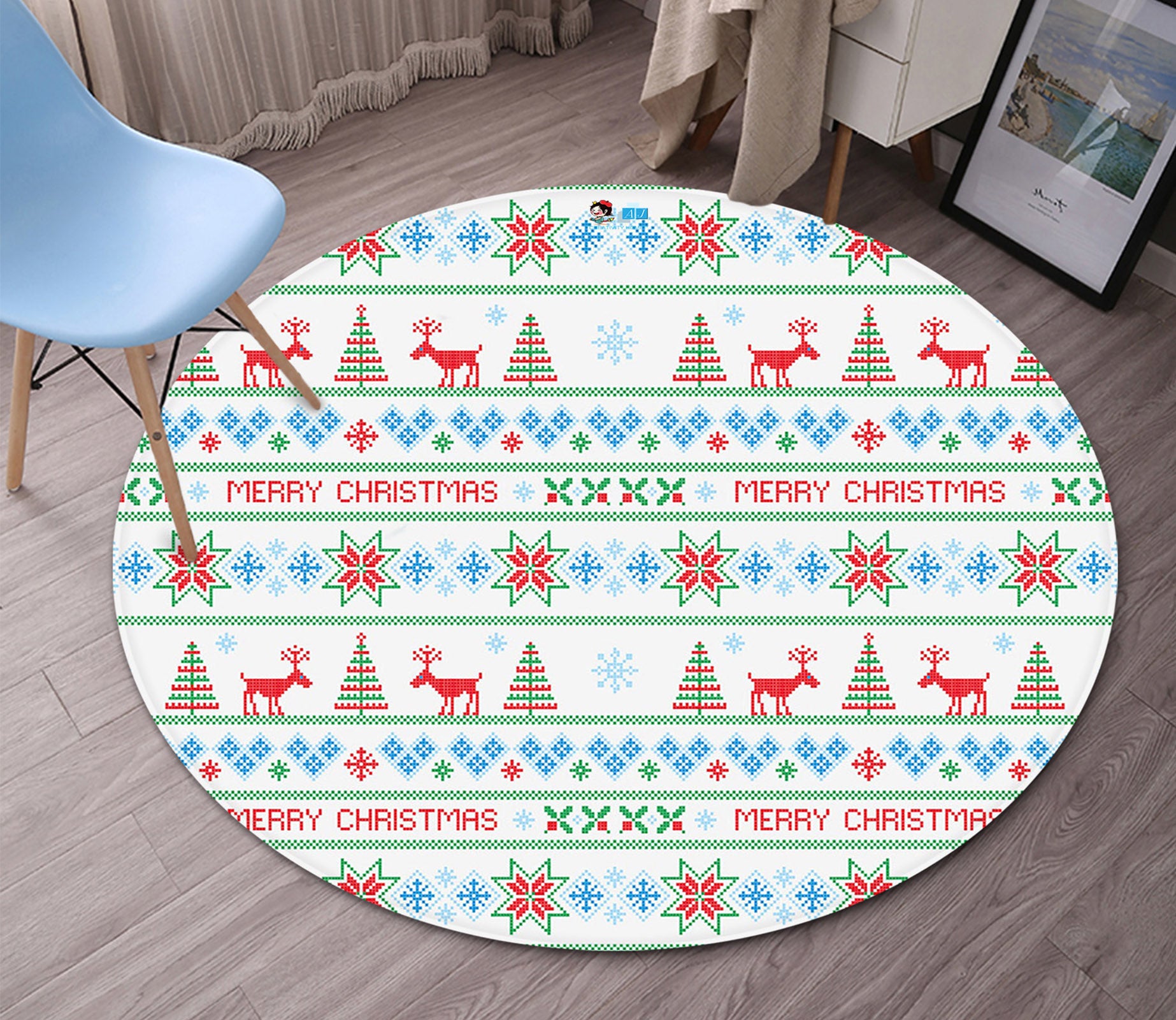 3D Tree Deer Pattern 65219 Christmas Round Non Slip Rug Mat Xmas