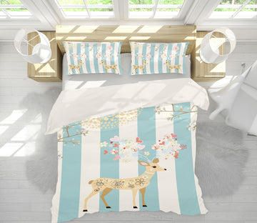 3D Deer Blue Strips 12054 Bed Pillowcases Quilt