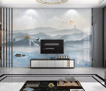 3D Temple Deer River WC2180 Wall Murals