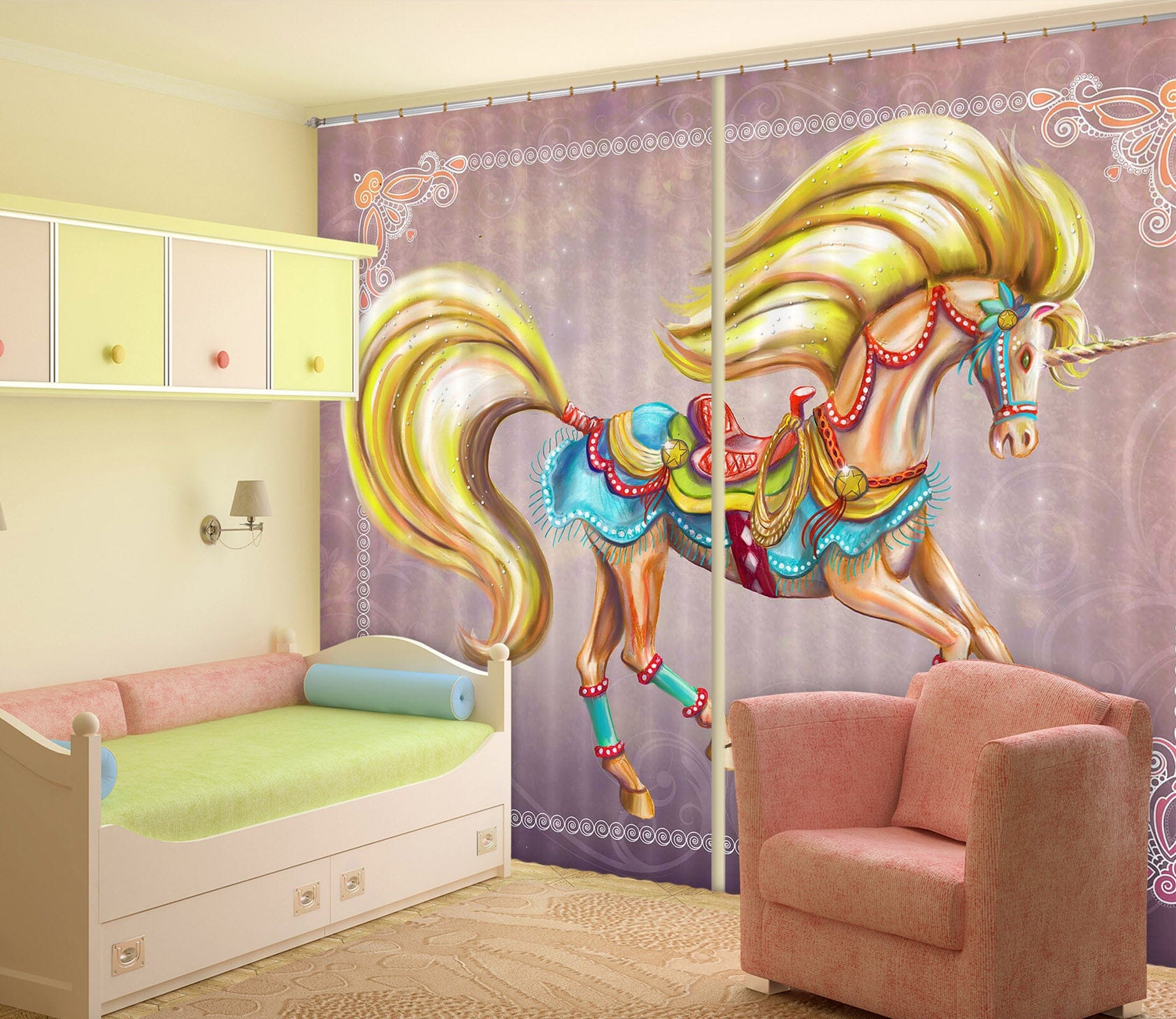 3D Golden Unicorn 131 Rose Catherine Khan Curtain Curtains Drapes Curtains AJ Creativity Home 