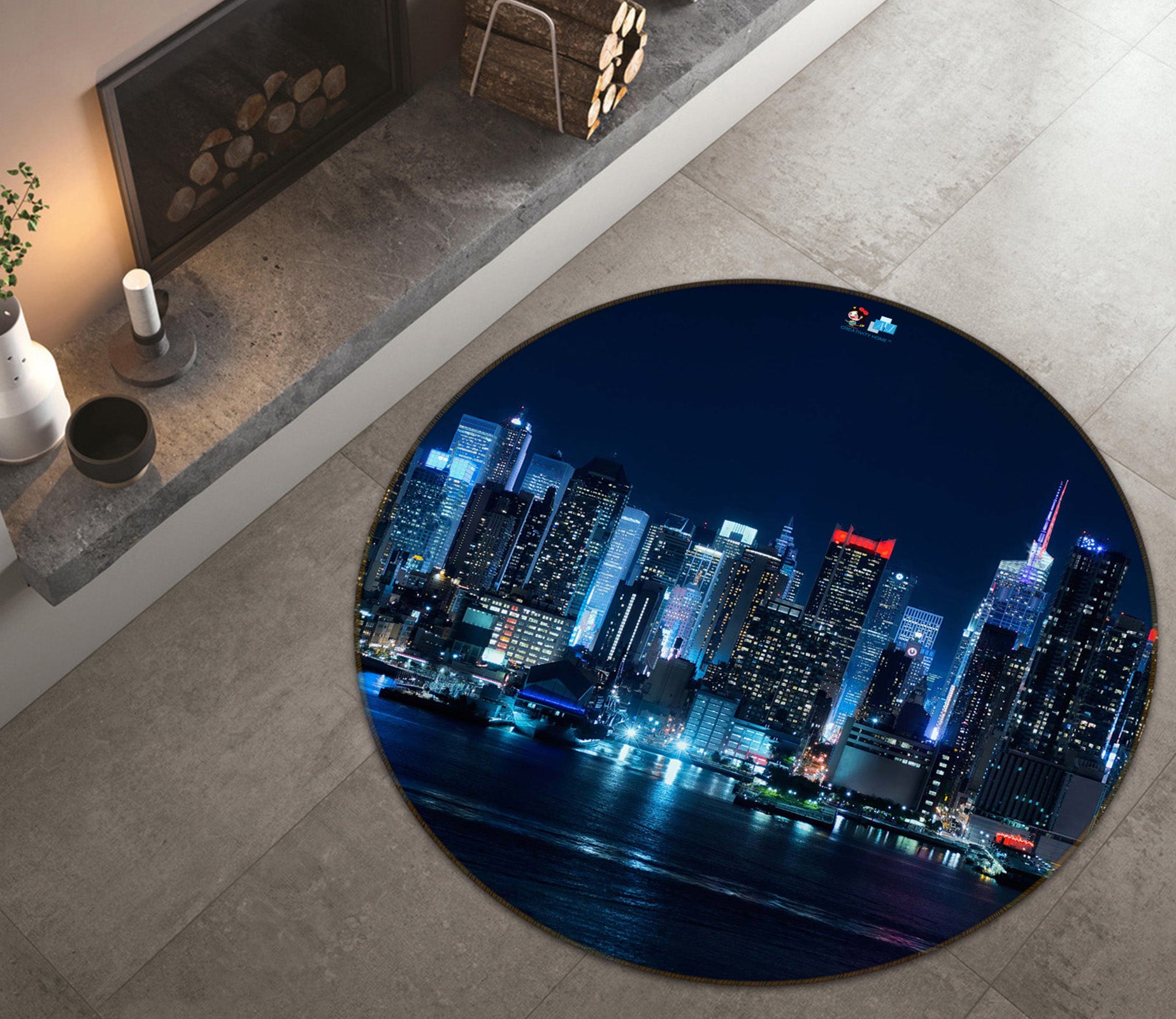 3D City Night View 72121 Round Non Slip Rug Mat