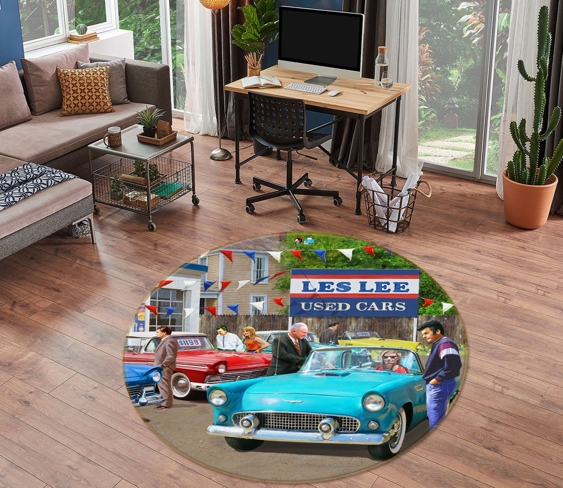 3D Blue Car 073 Kevin Walsh Rug Round Non Slip Rug Mat