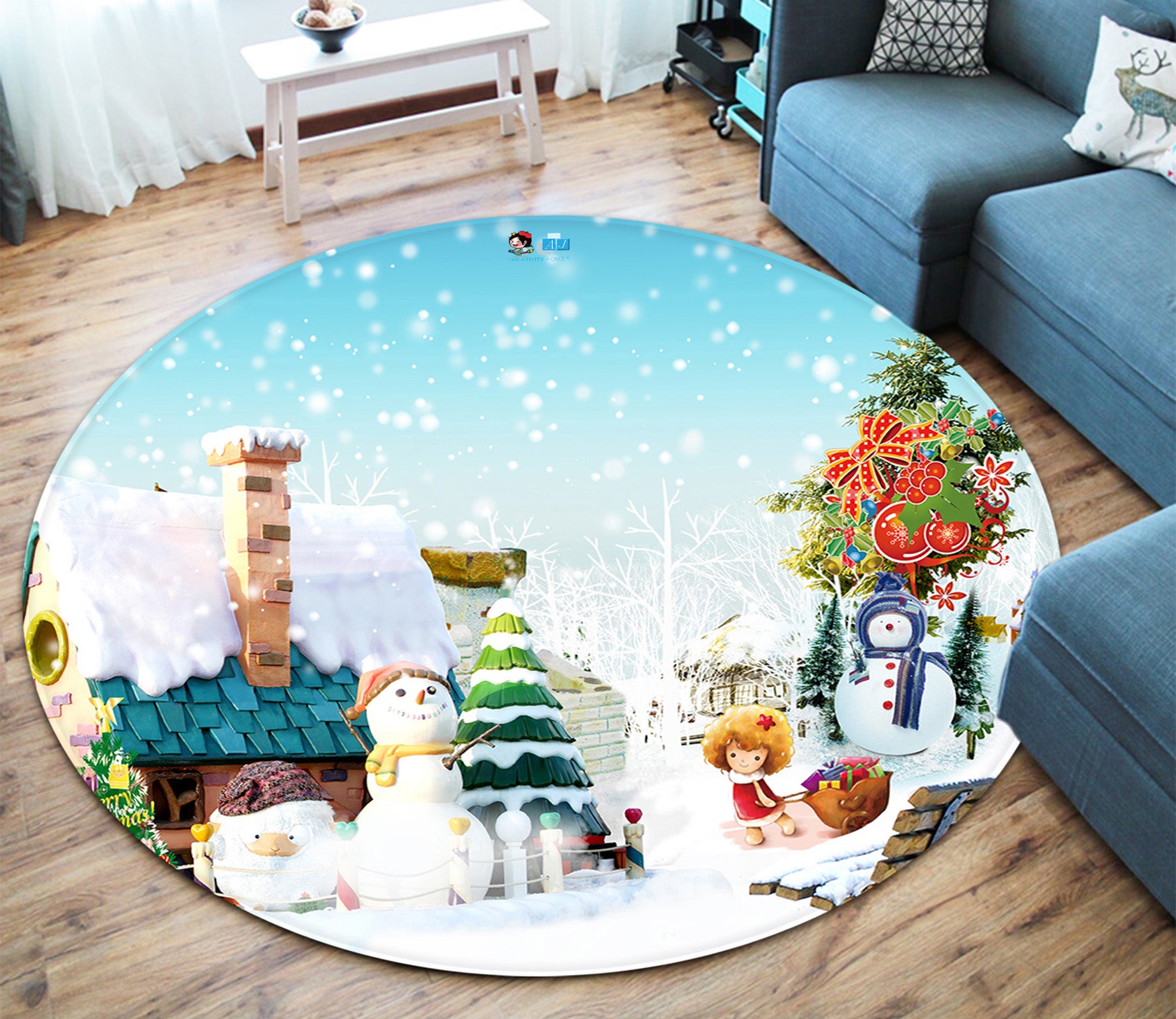 3D House Snowman 65223 Christmas Round Non Slip Rug Mat Xmas