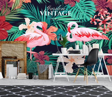3D Flamingo Leaves 1039 Wall Murals
