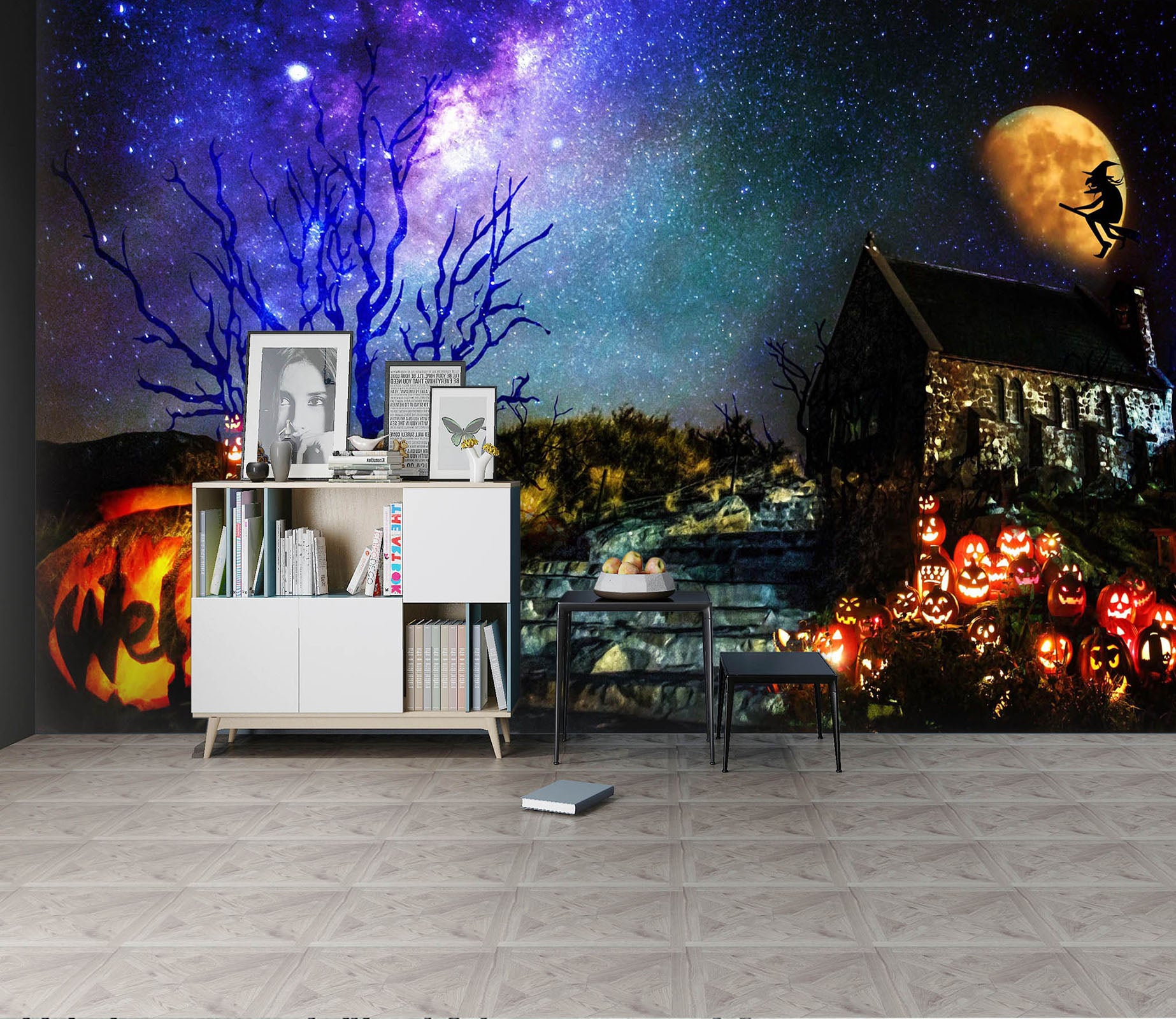 3D Moon Witch Pumpkin Light 1015 Halloween Wall Murals Wallpaper AJ Wallpaper 2 
