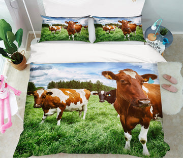 3D Red Cow Lawn 047 Bed Pillowcases Quilt