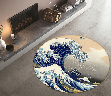 3D Japanese Style Waves 64182 Round Non Slip Rug Mat