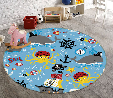 3D Octopus Whale 75043 Round Non Slip Rug Mat