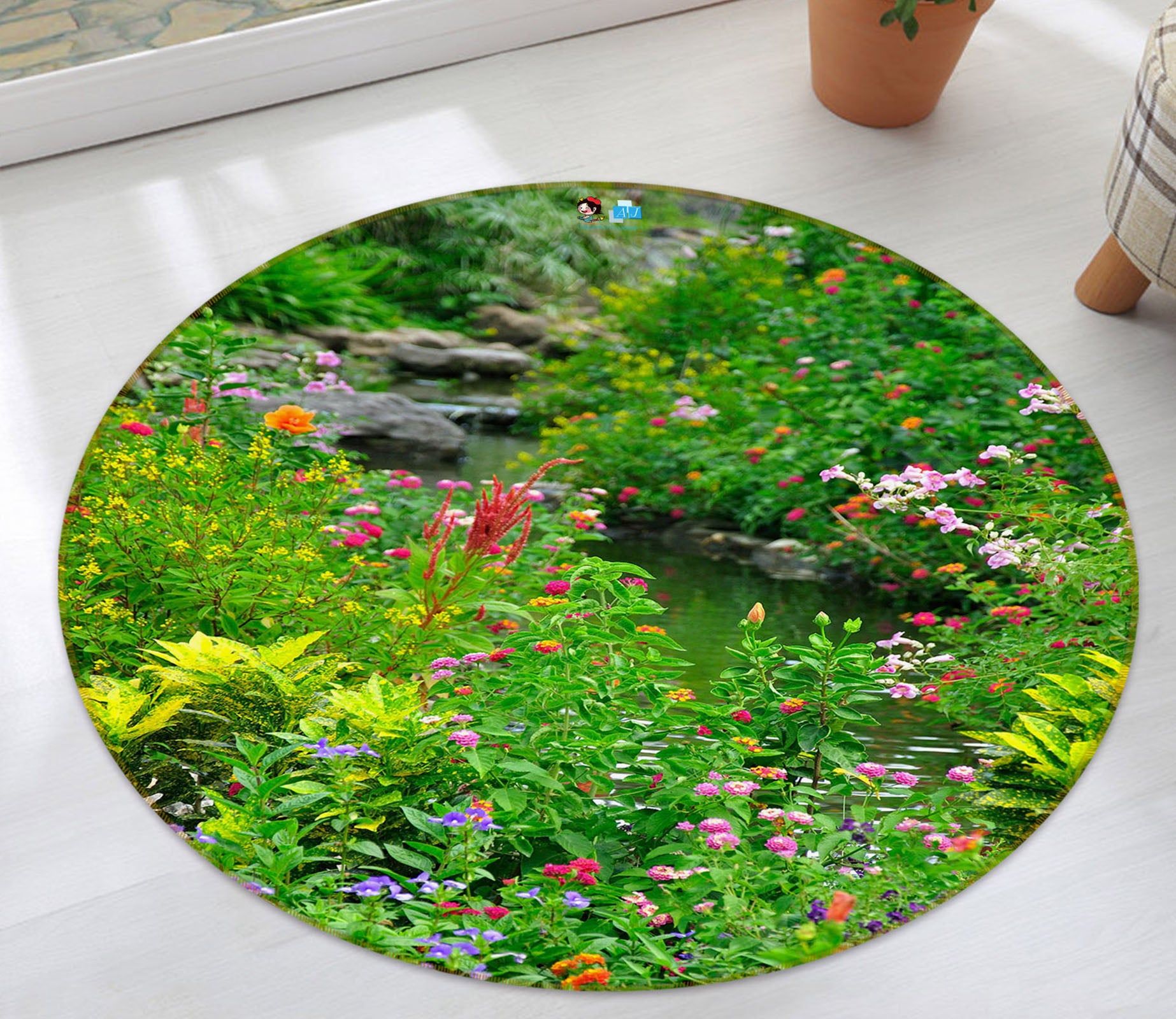 3D Flowers Grass 69045 Round Non Slip Rug Mat