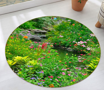 3D Flowers Grass 69045 Round Non Slip Rug Mat