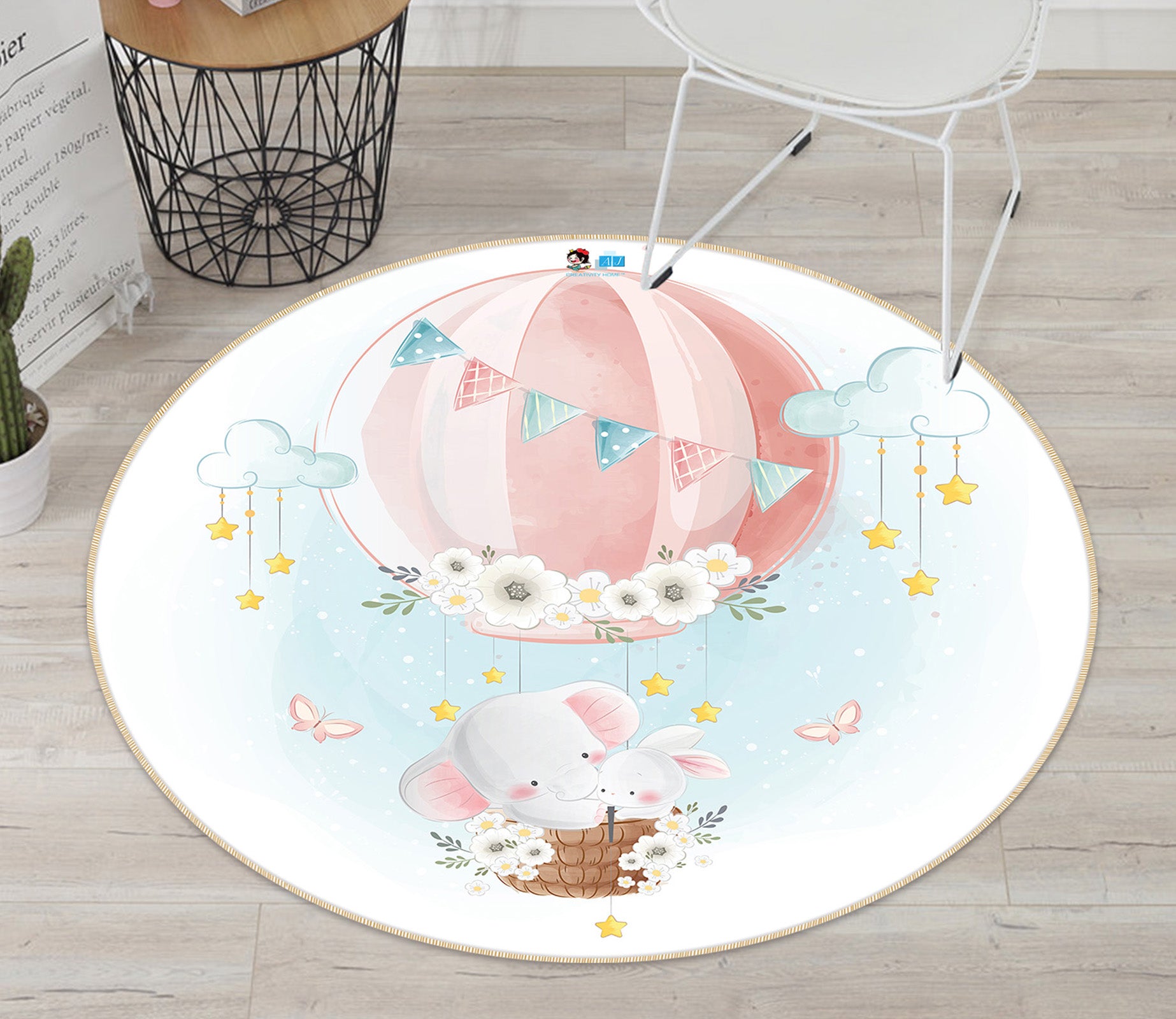 3D Pink Hot Air Balloon Elephant 74260 Round Non Slip Rug Mat