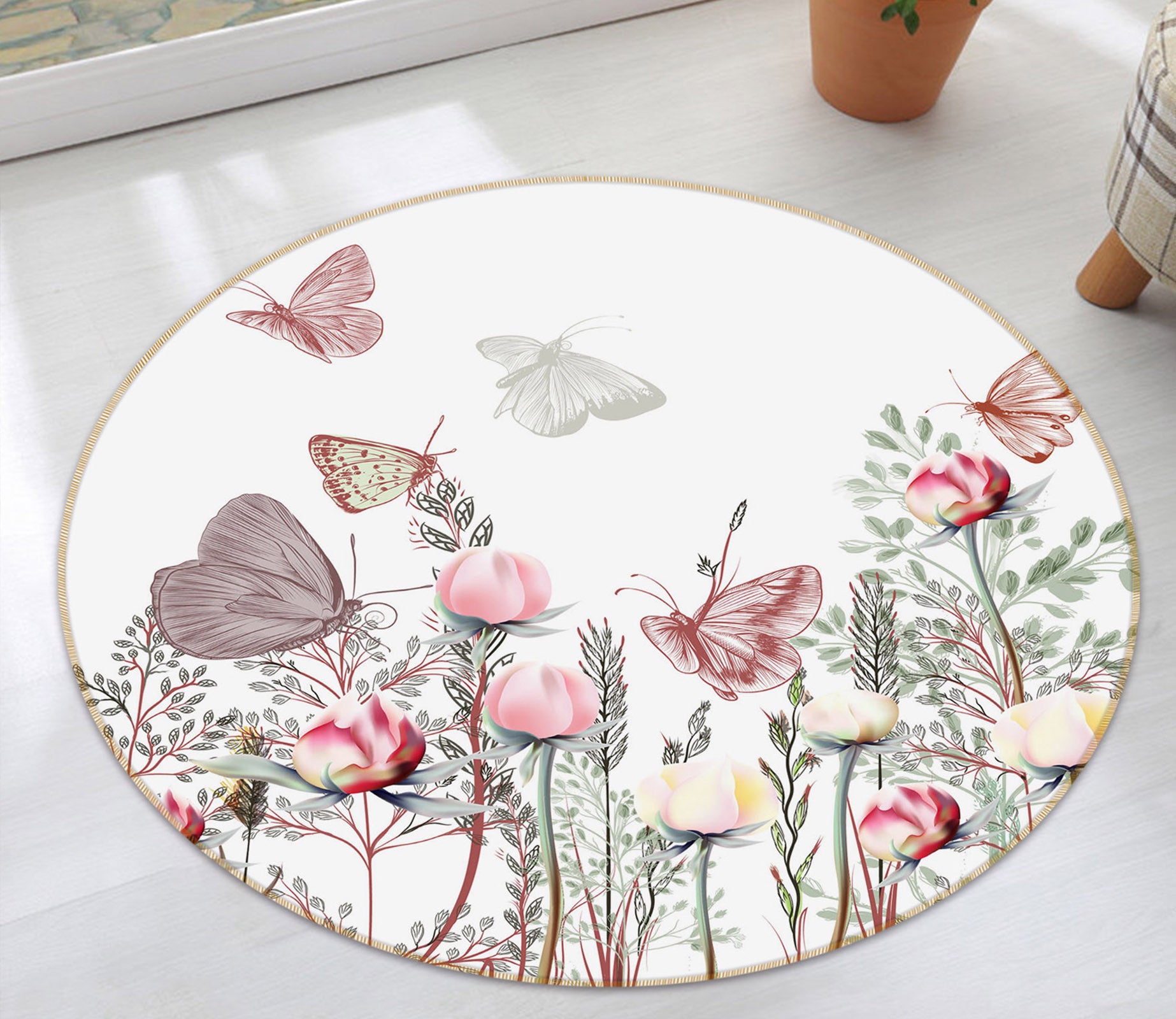 3D Butterfly Bush 29090 Round Non Slip Rug Mat