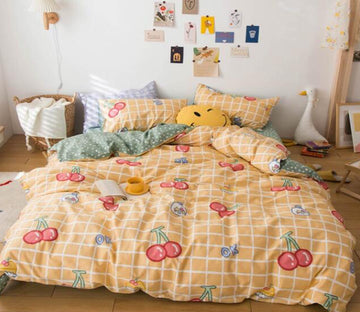 3D Yellow Lattice Cherry 5030 Bed Pillowcases Quilt