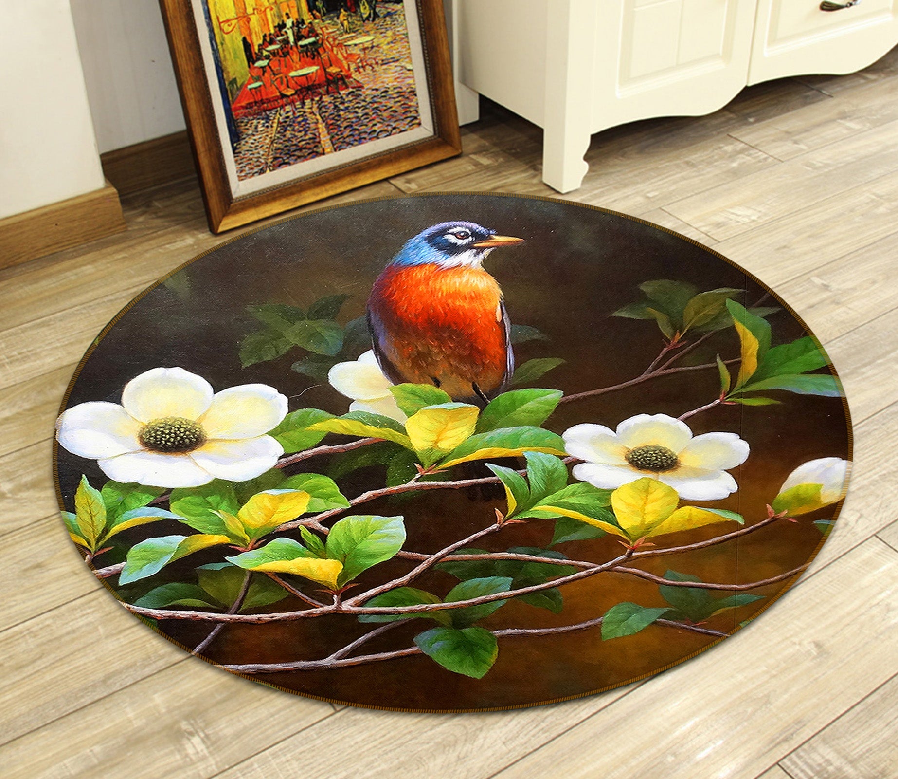 3D Bird Flowers Branch 71181 Round Non Slip Rug Mat