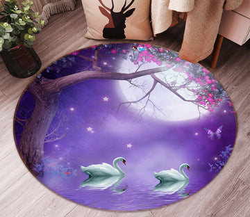 3D Purple Trees Swan 81020 Round Non Slip Rug Mat