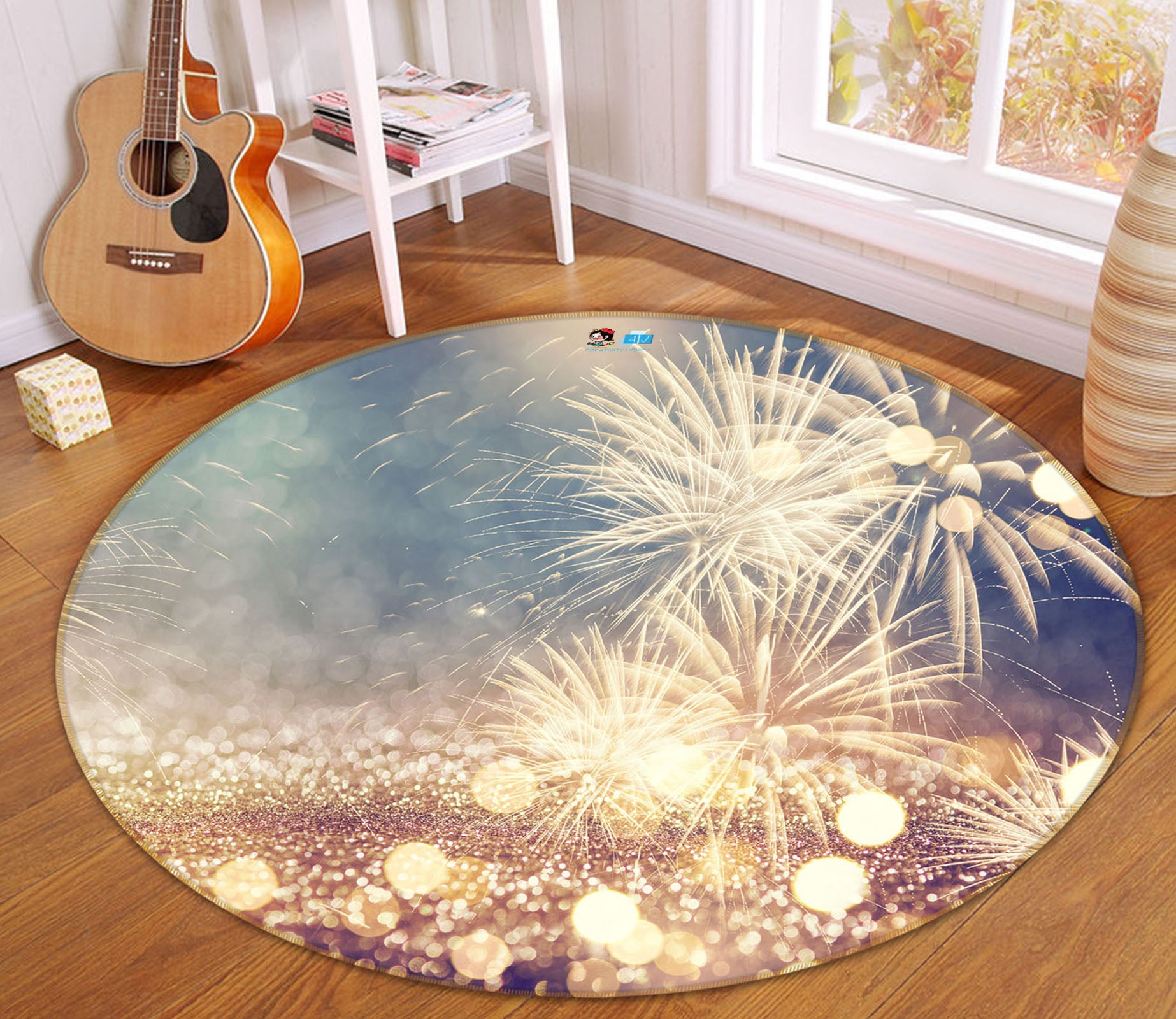 3D Fireworks 54161 Christmas Round Non Slip Rug Mat Xmas
