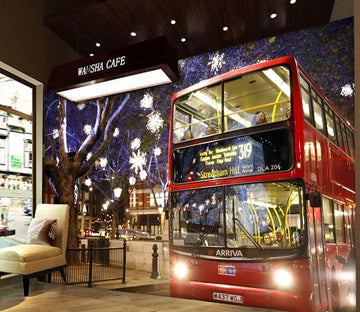 3D Night Red Bus 301 Vehicle Wall Murals