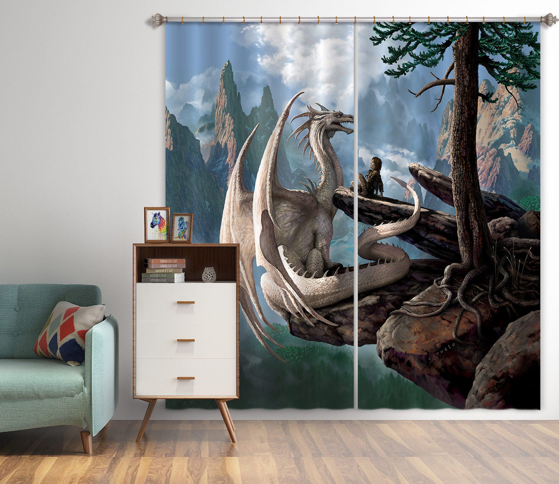 3D Rock White Dragon 7213 Ciruelo Curtain Curtains Drapes