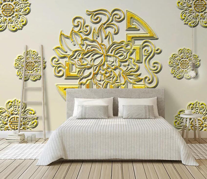 3D Golden Flowers 2028 Wall Murals Wallpaper AJ Wallpaper 2 