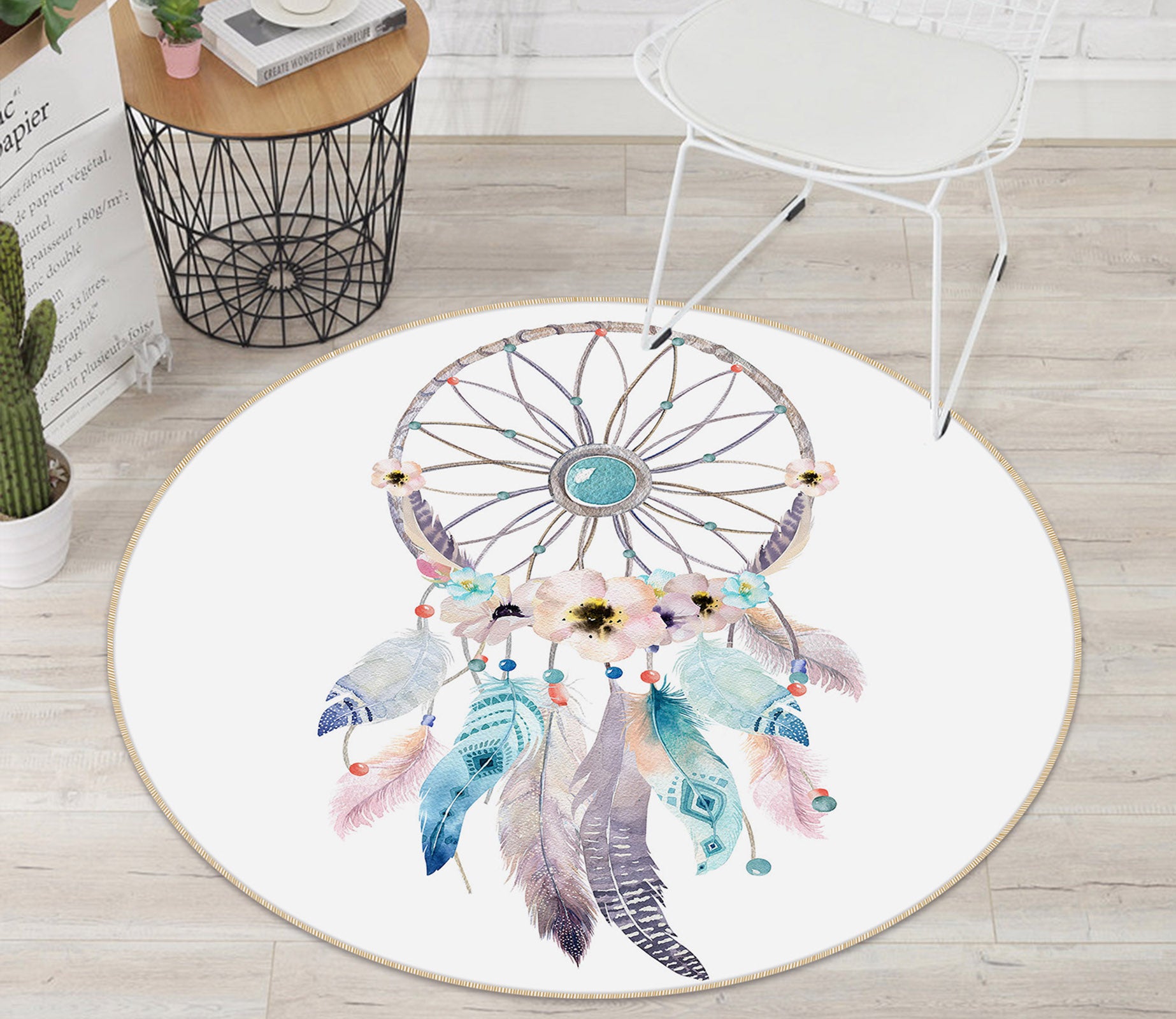 3D White Dreamcatcher 29076 Round Non Slip Rug Mat