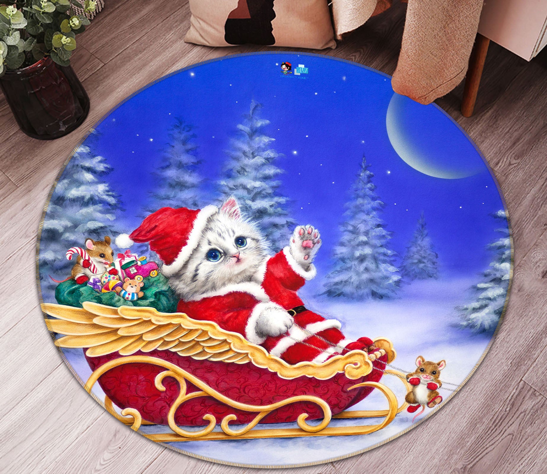 3D Christmas Cat Moon 6060 Kayomi Harai Rug Round Non Slip Rug Mat