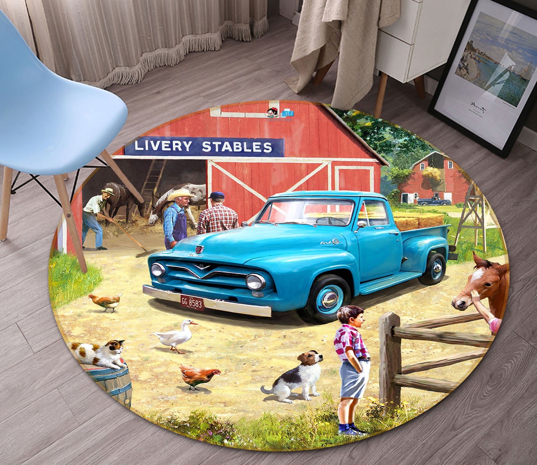 3D Blue Pickup 053 Kevin Walsh Rug Round Non Slip Rug Mat