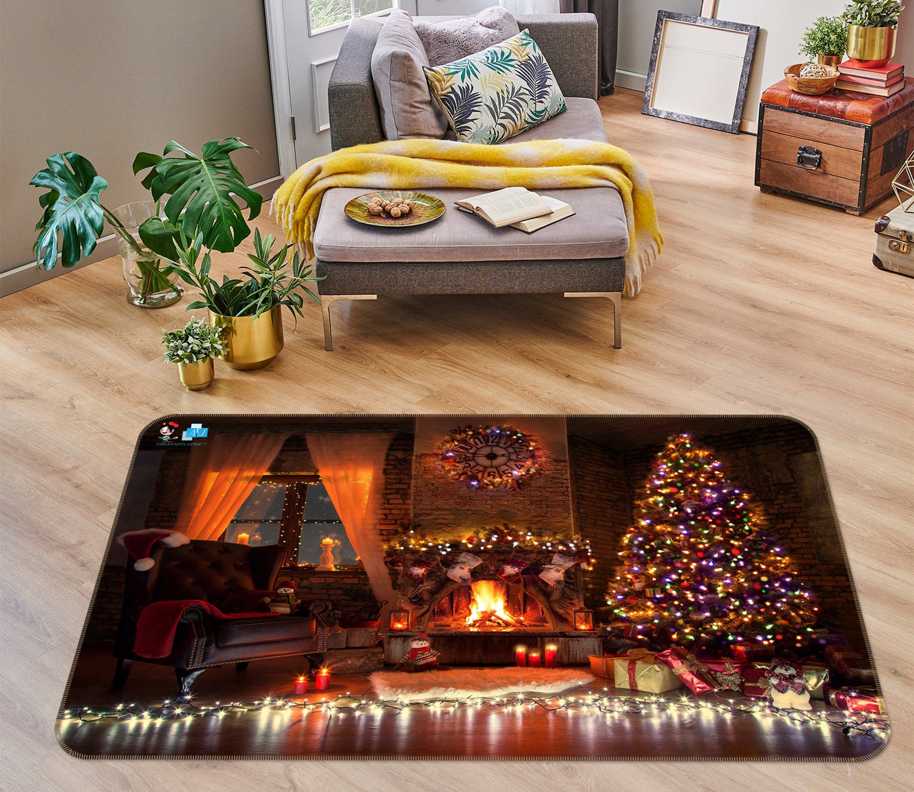 3D Fireplace Tree String Lights 55022 Christmas Non Slip Rug Mat Xmas