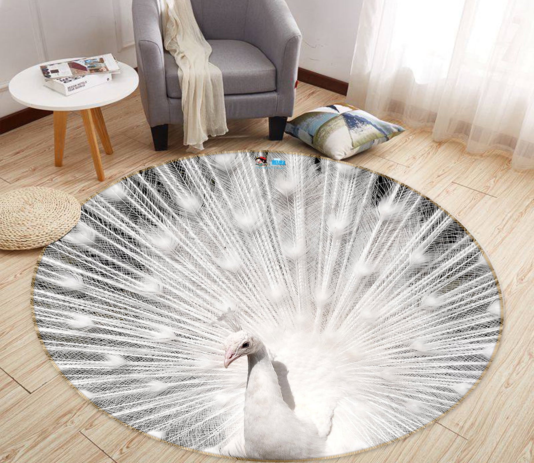 3D White Peacock 81155 Round Non Slip Rug Mat
