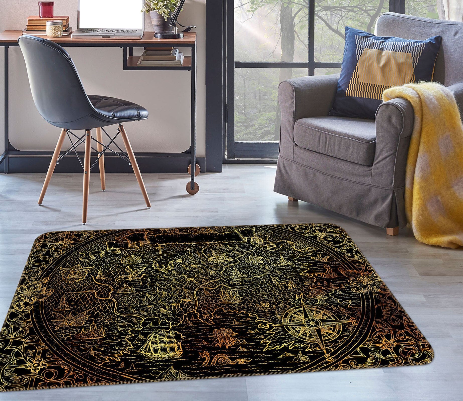 3D Golden Ship 309 World Map Non Slip Rug Mat Mat AJ Creativity Home 