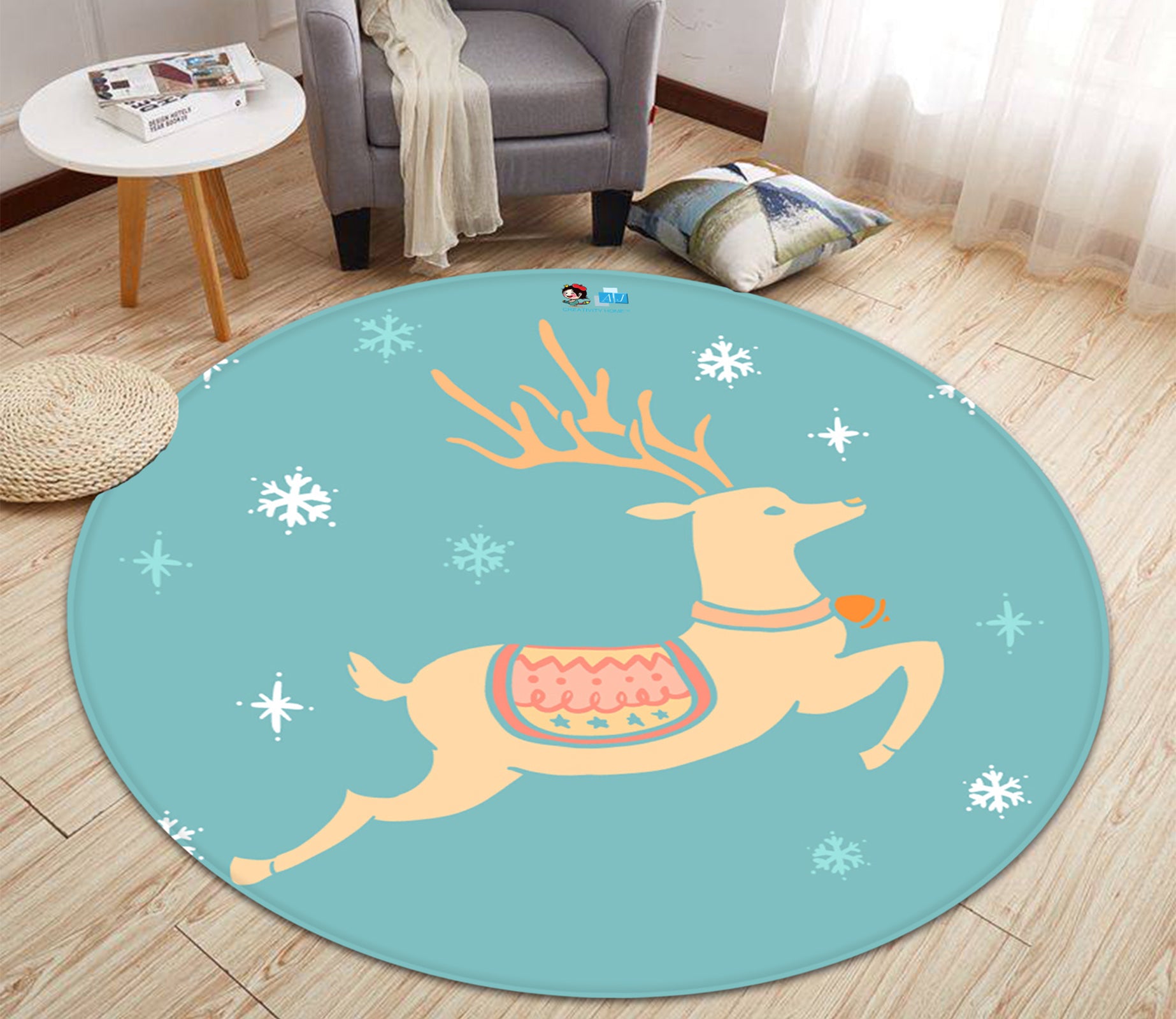 3D Deer Jumping 65239 Christmas Round Non Slip Rug Mat Xmas