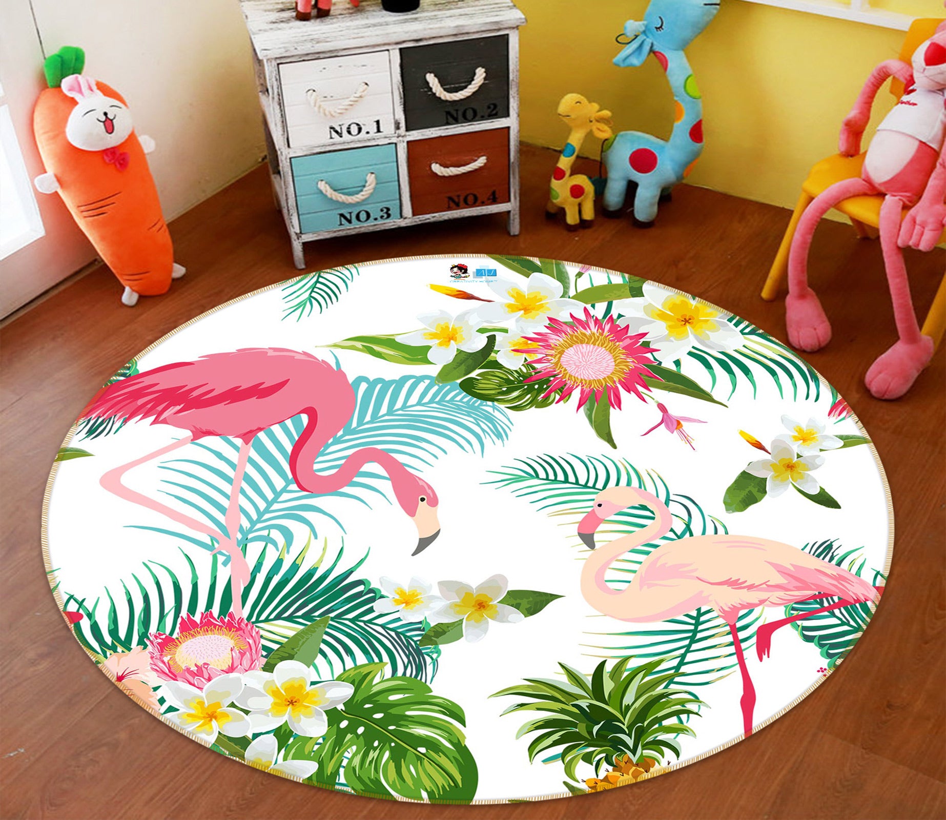 3D Flamingo Leaves 72233 Round Non Slip Rug Mat