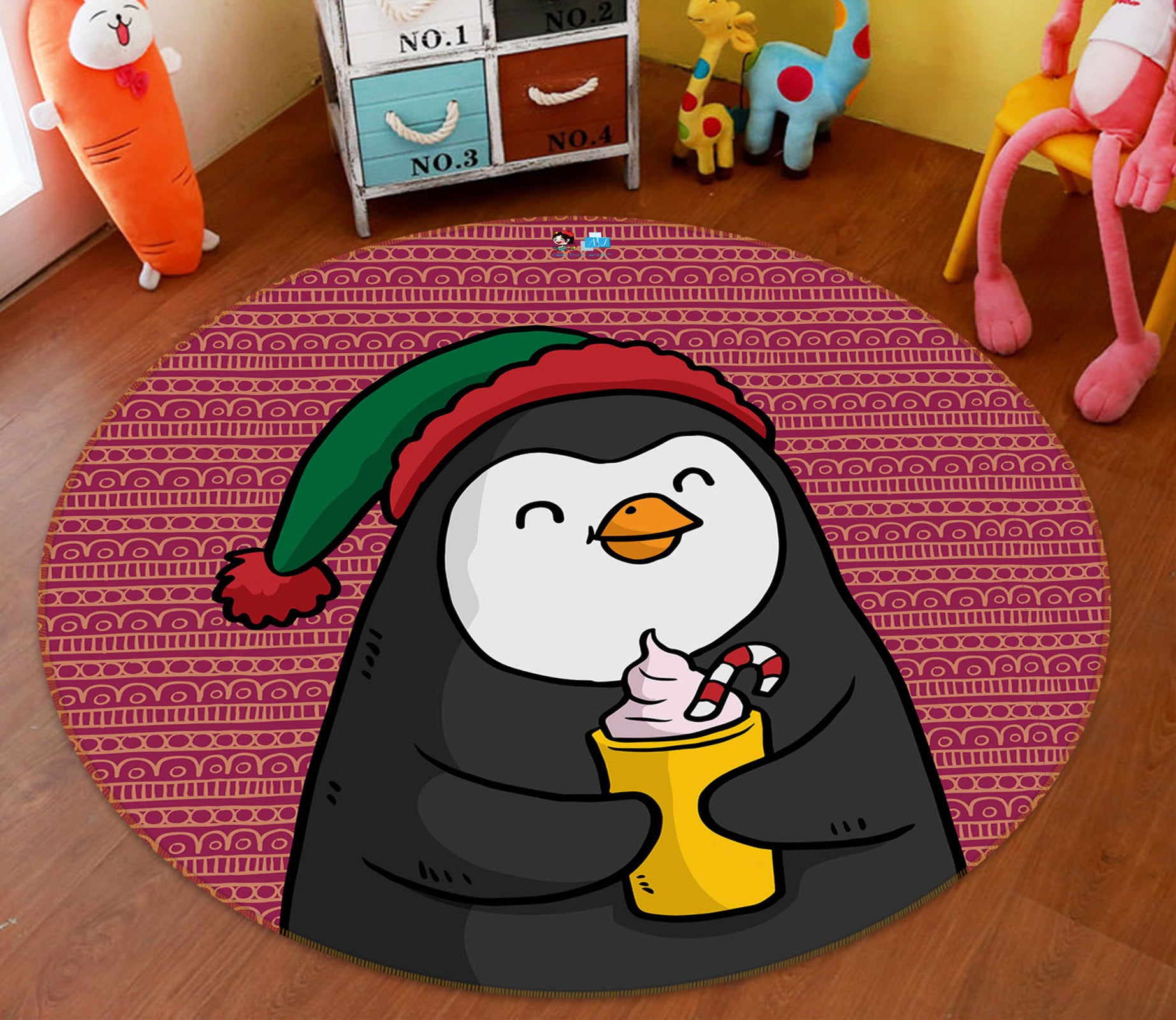 3D Cartoon Penguin 75122 Round Non Slip Rug Mat