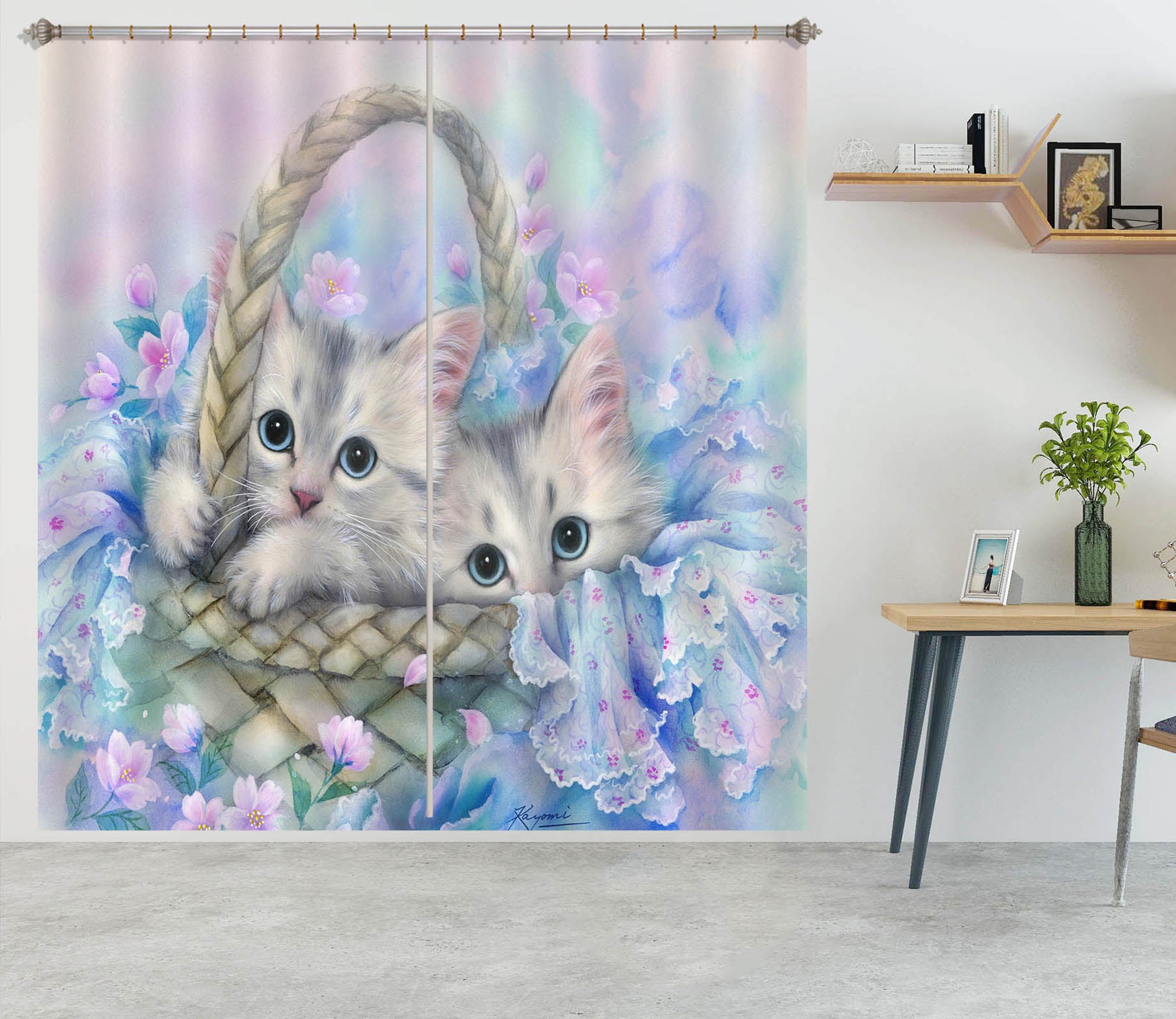 3D Flower Basket Cat 9010 Kayomi Harai Curtain Curtains Drapes
