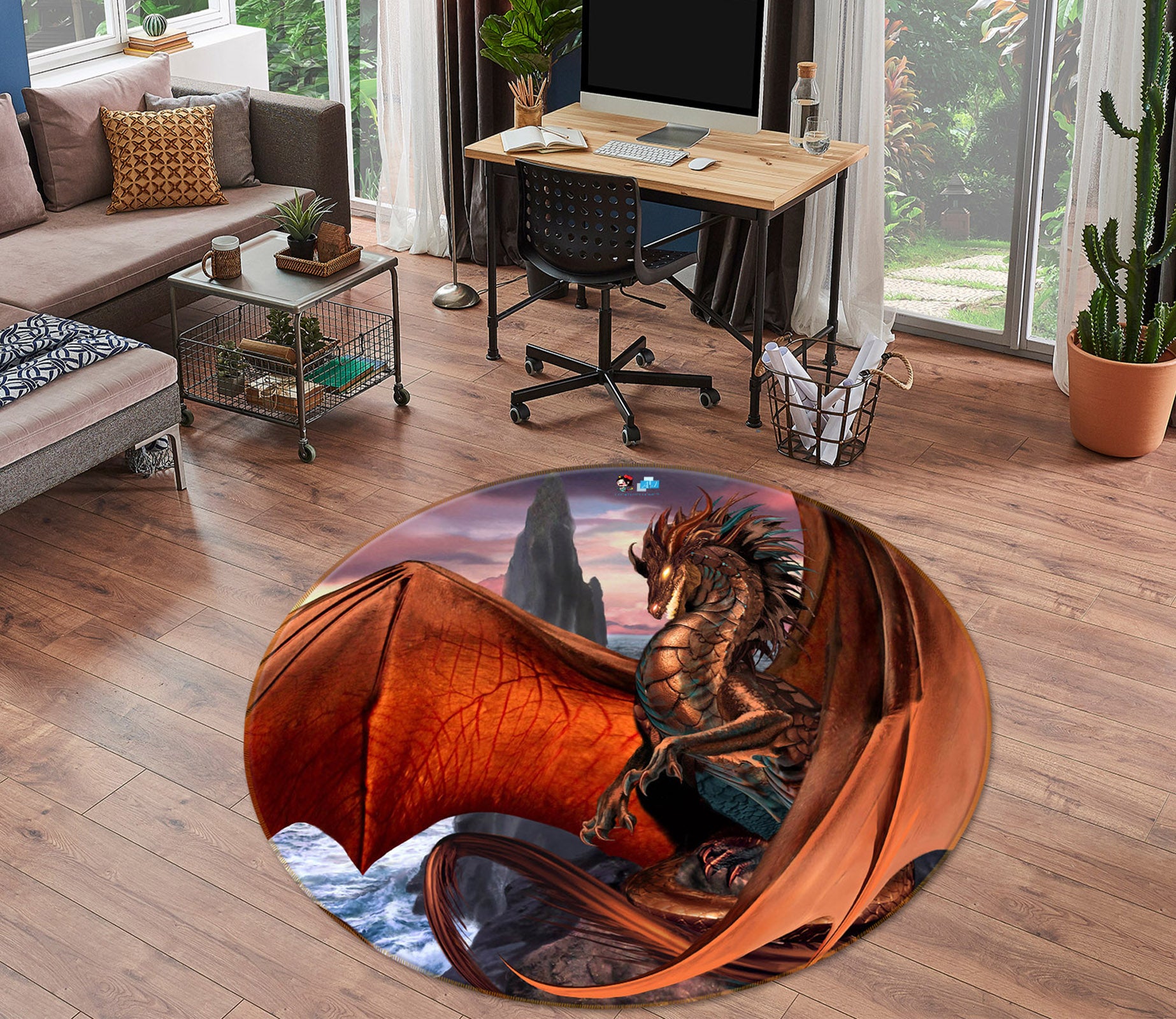 3D Orange Dragon 8360 Ruth Thompson Rug Round Non Slip Rug Mat