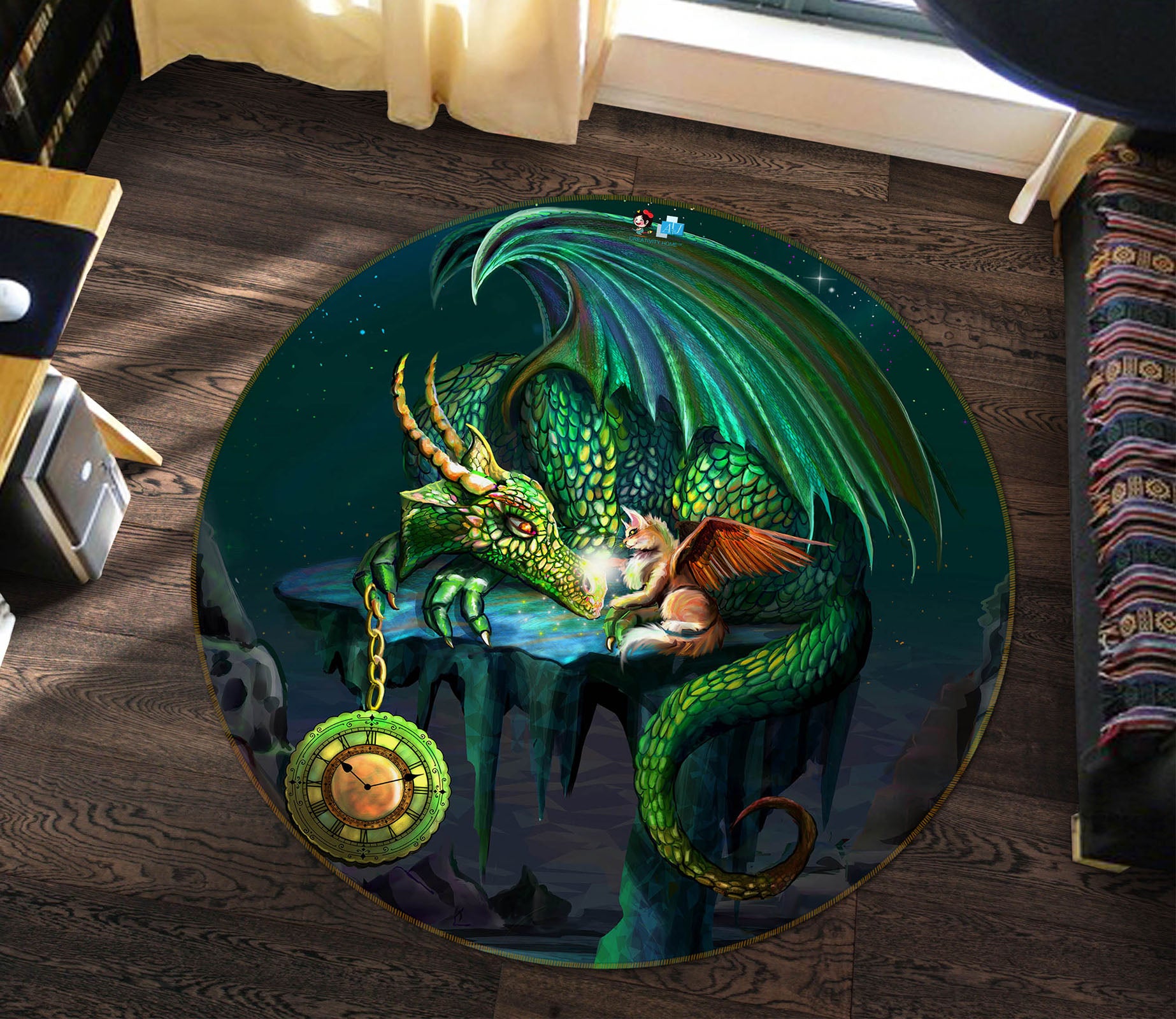 3D Green Clock Dinosaur 83175 Rose Catherine Khan Rug Round Non Slip Rug Mat