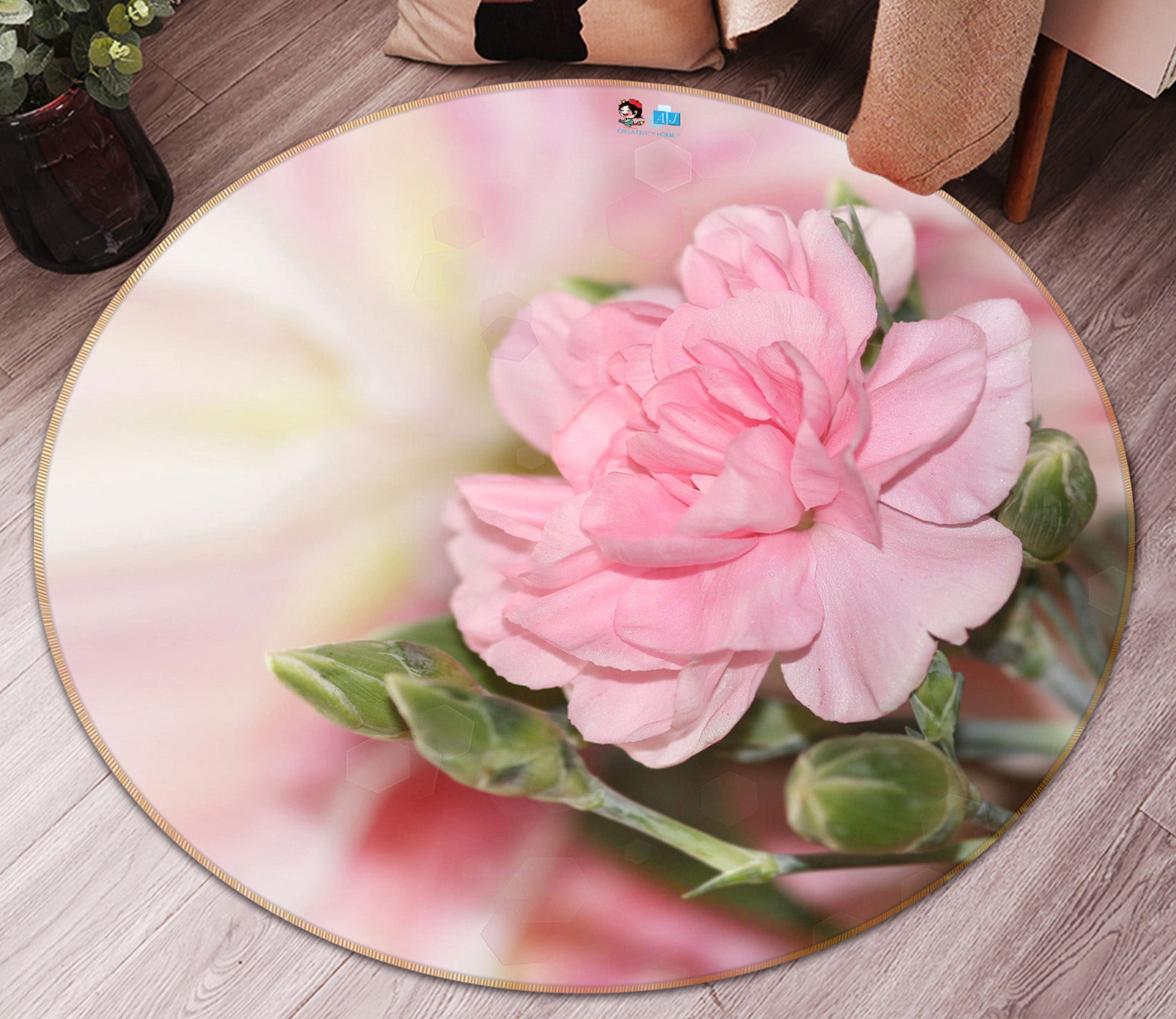 3D Pink Flowers 72074 Round Non Slip Rug Mat