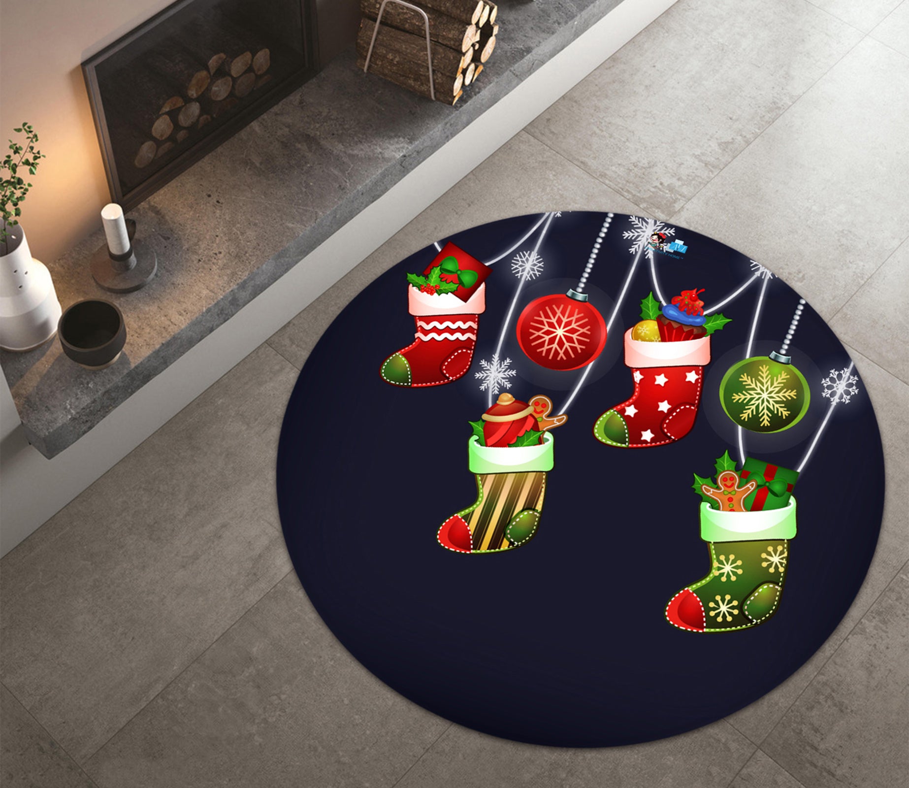 3D Socks Pendant 65236 Christmas Round Non Slip Rug Mat Xmas