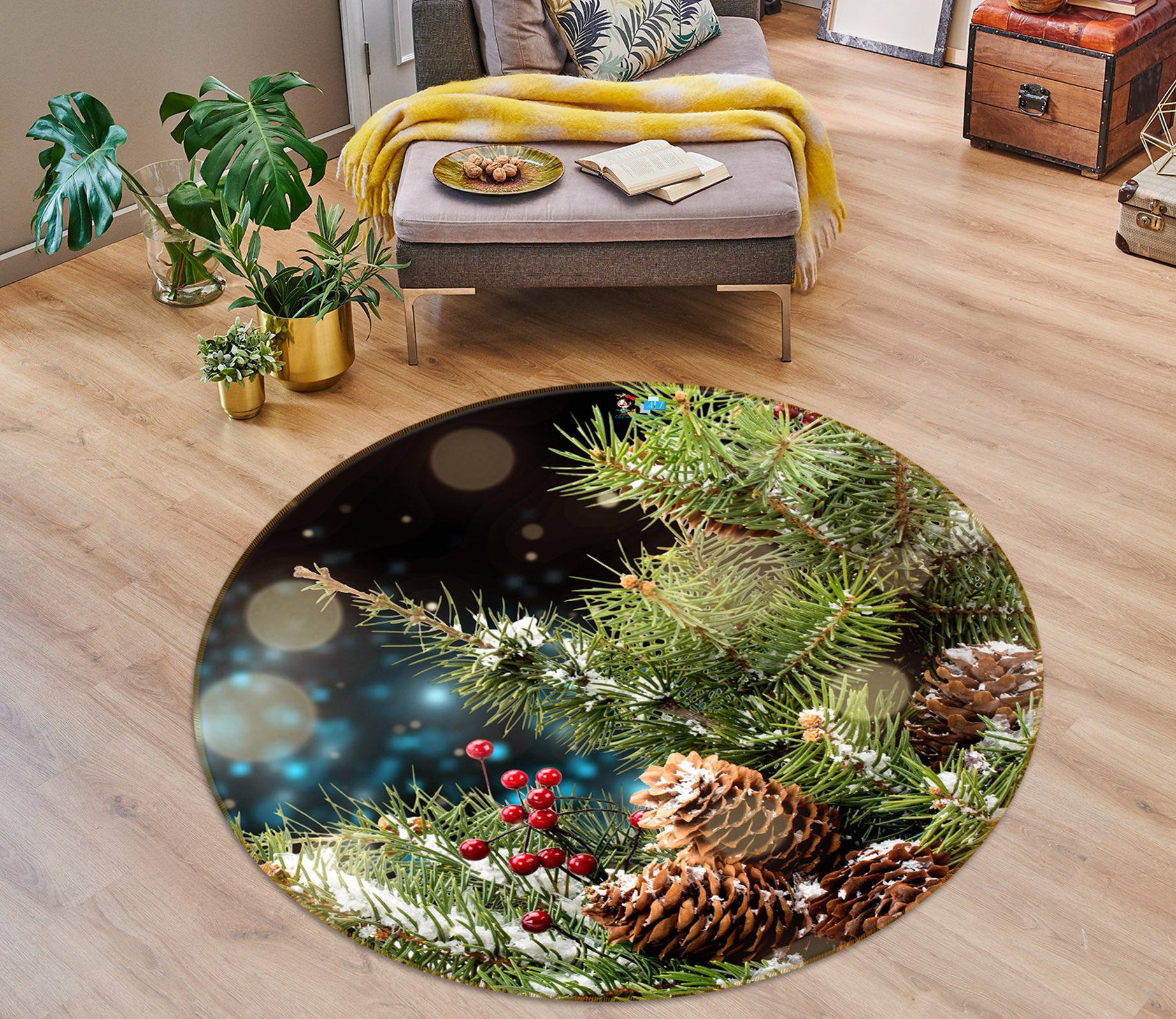 3D Branches Pineta 54196 Christmas Round Non Slip Rug Mat Xmas