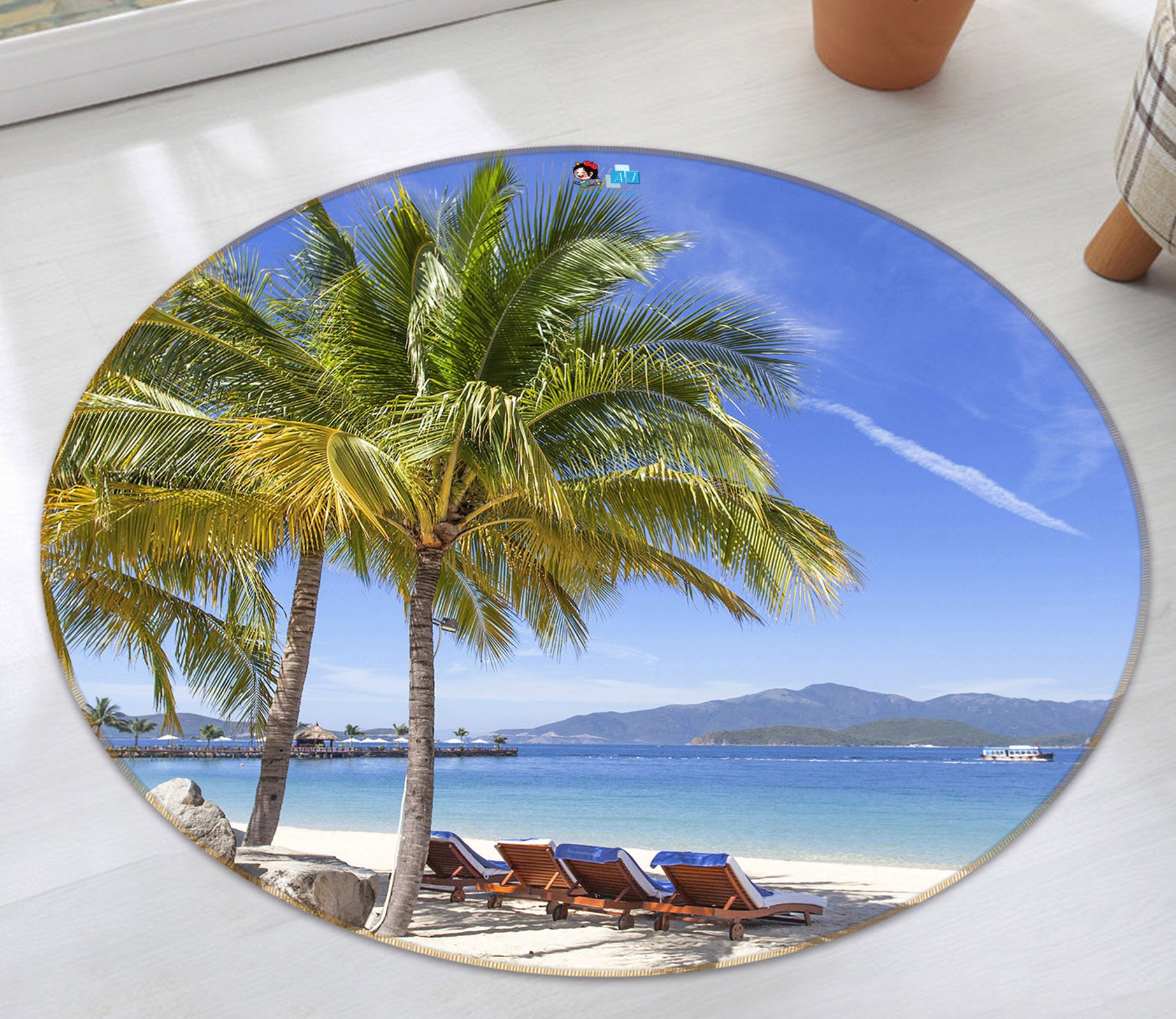 3D Coconut Beach 74201 Round Non Slip Rug Mat