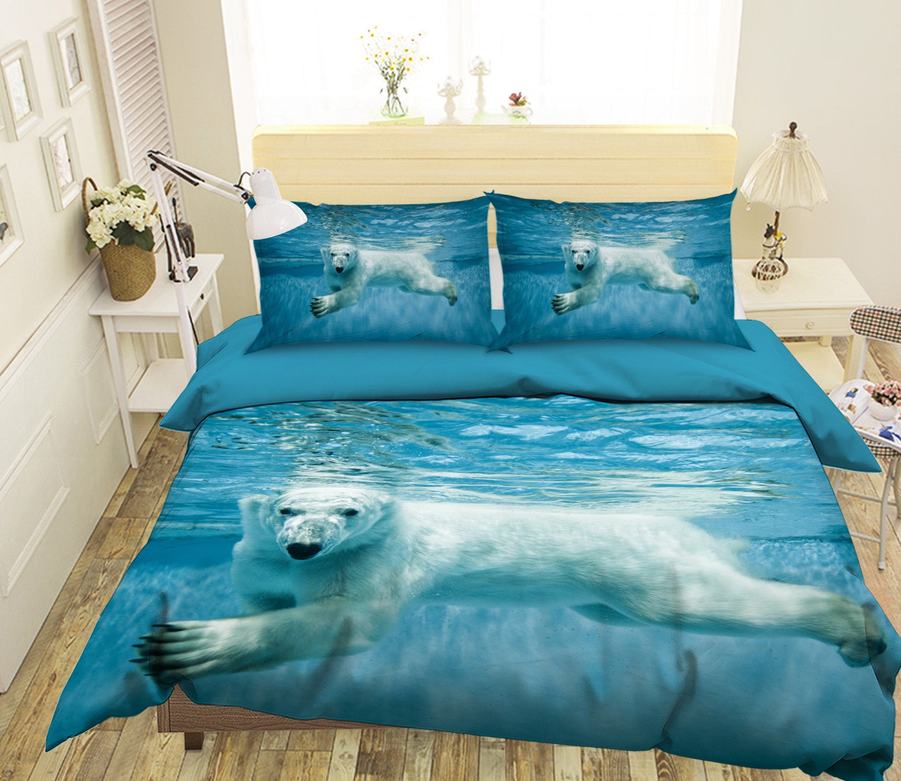 3D White Bear Swimming 102 Bed Pillowcases Quilt
