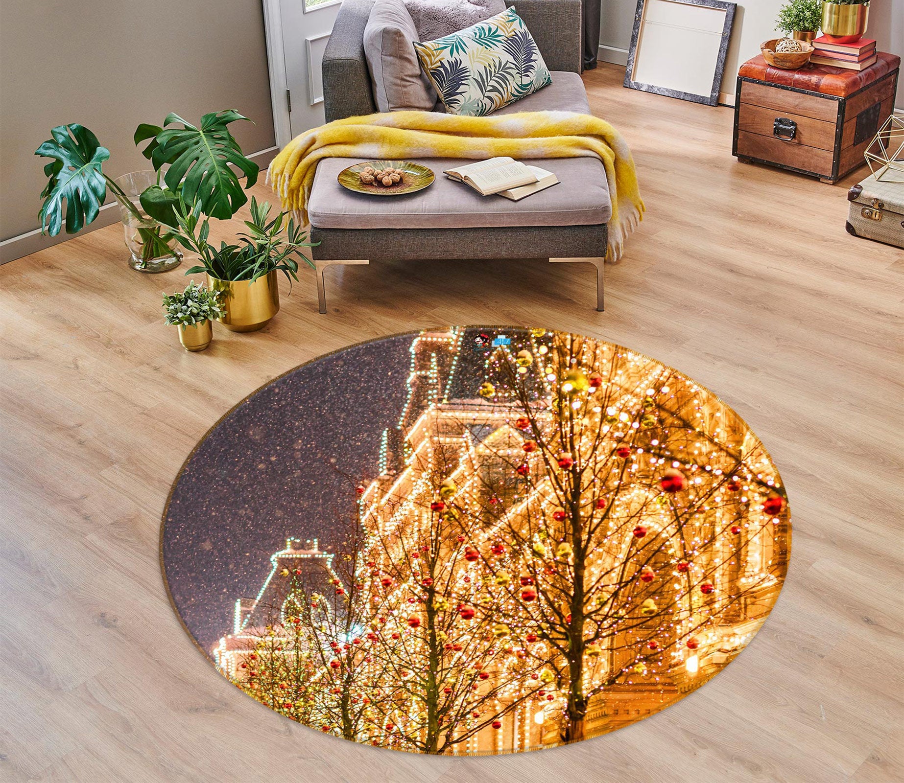 3D String Light Building 54082 Christmas Round Non Slip Rug Mat Xmas