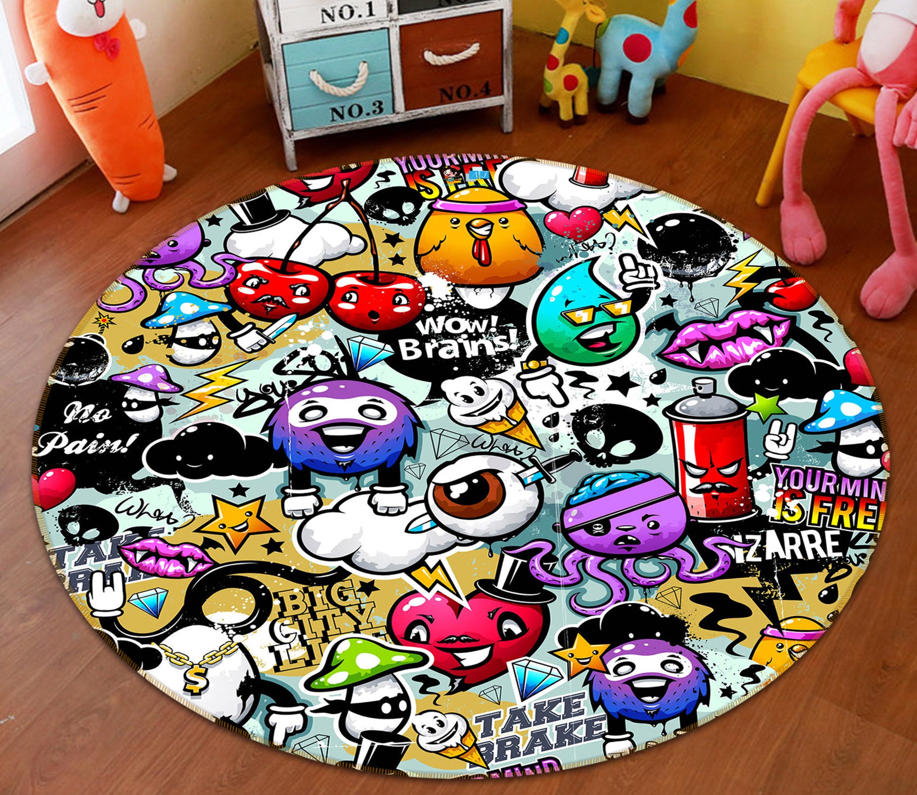 3D Cartoon Doodle 74122 Round Non Slip Rug Mat