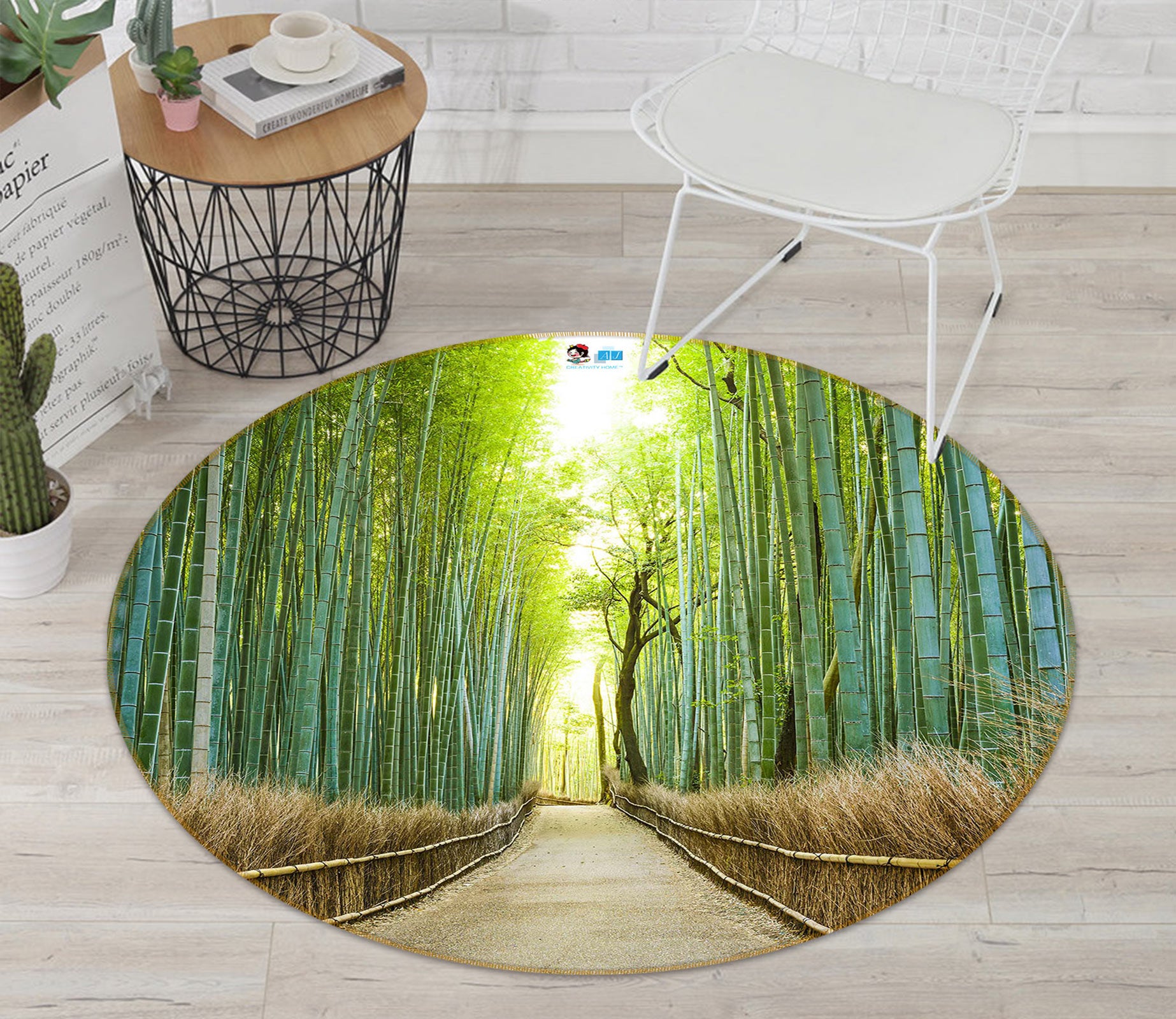 3D Bamboo Forest Wooden Bridge 81019 Round Non Slip Rug Mat