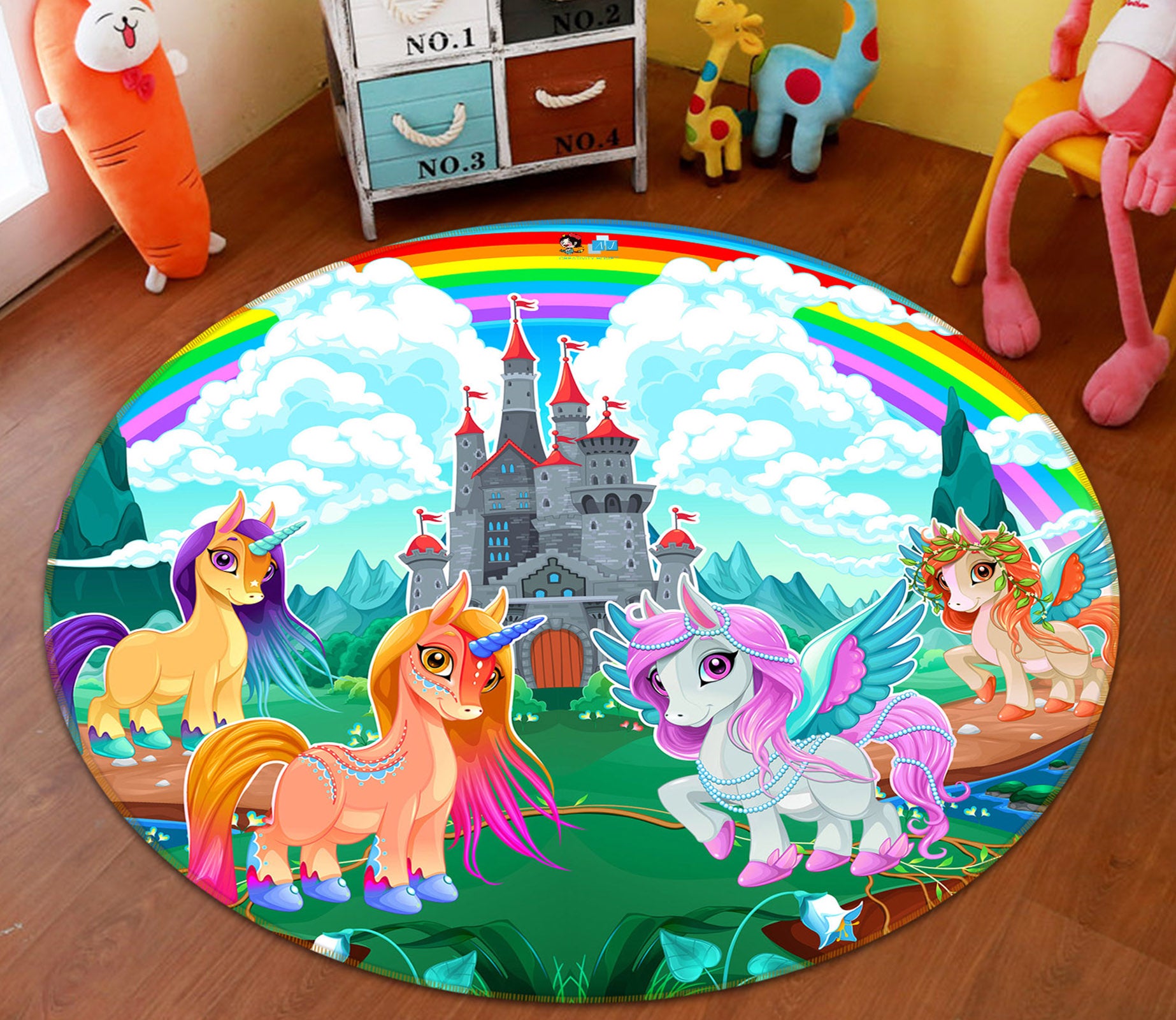 3D Cartoon Colorful Unicorn Castle 81047 Round Non Slip Rug Mat